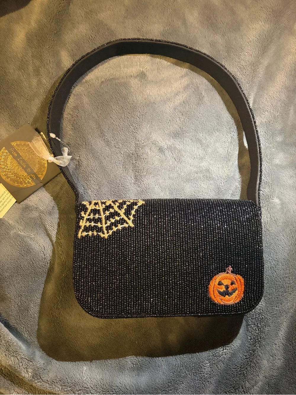 Beaded Halloween Dog Patch Shoulder Bag - Black